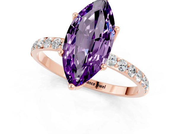Rose gold Marquise Cut Amethyst Solitaire Engagement Ring with Round  Pavé Band and Prong Setting