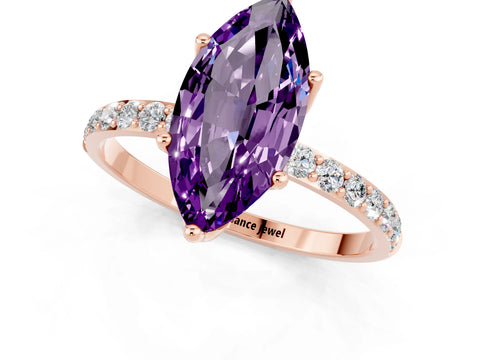 Rose gold Marquise Cut Amethyst Solitaire Engagement Ring with Pavé Band and Prong Setting_1