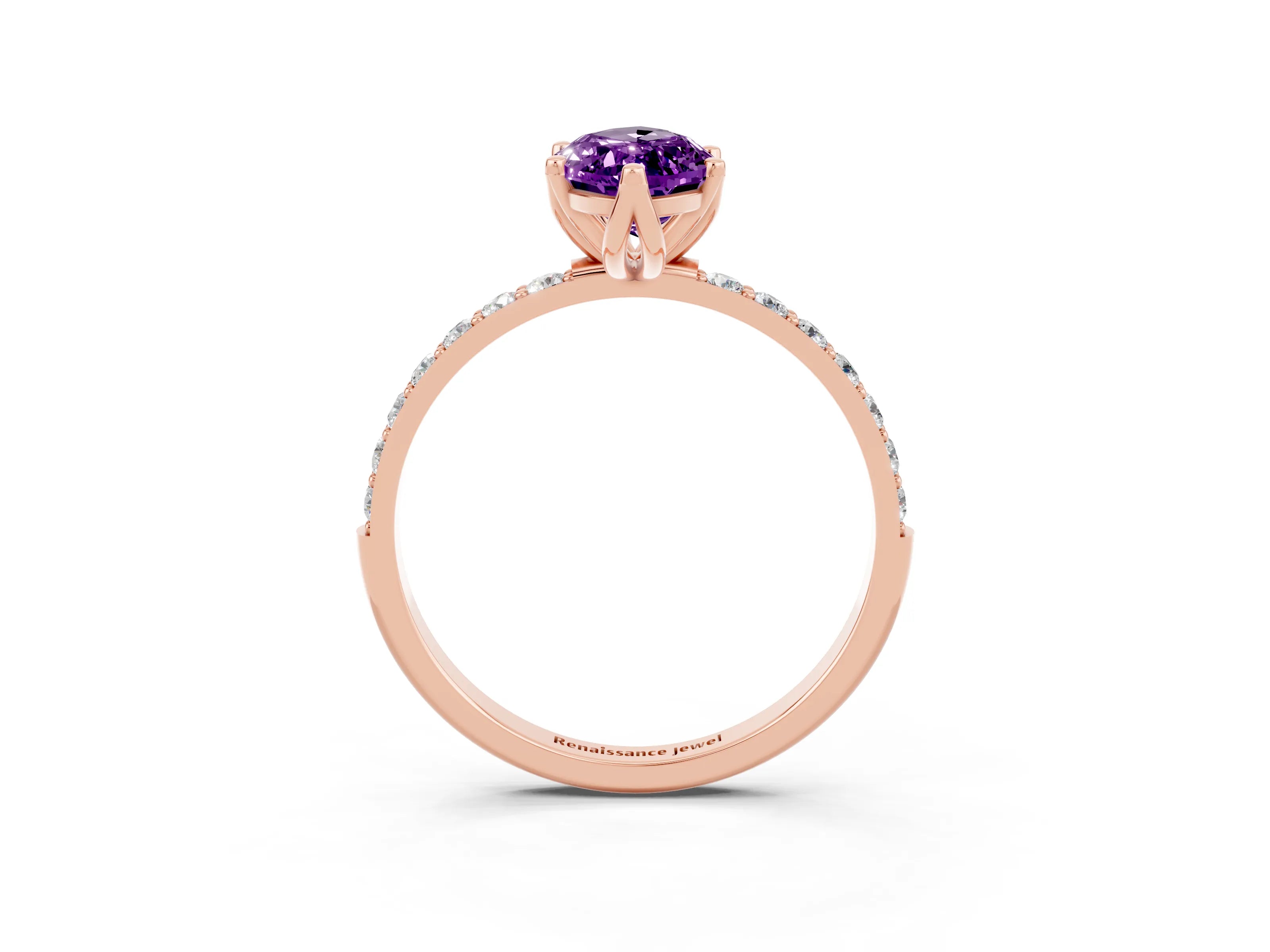 Rose gold Marquise Cut Amethyst Solitaire Engagement Ring with Pavé Band and Prong Setting_3