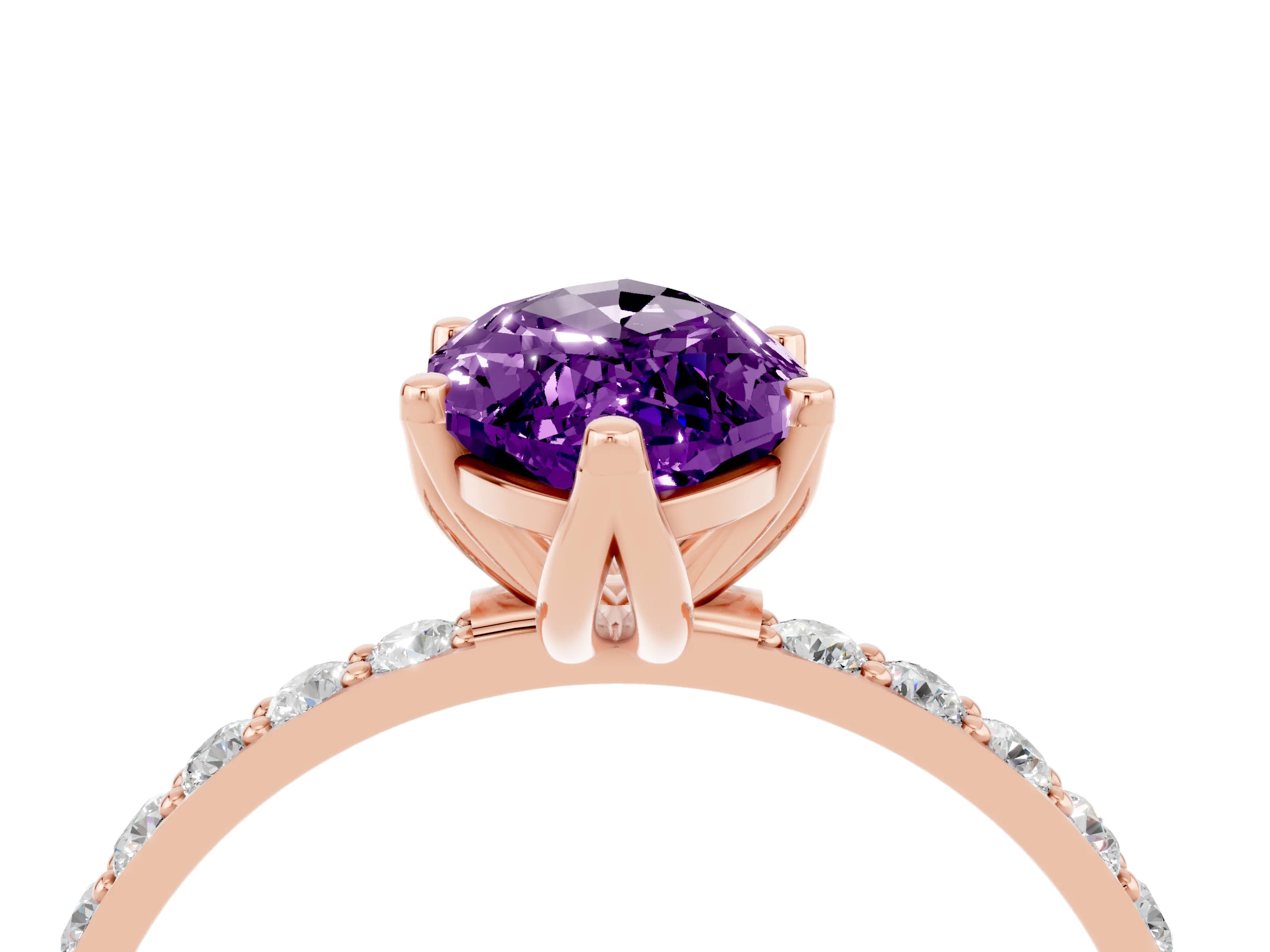 Rose gold Marquise Cut Amethyst Solitaire Engagement Ring with Pavé Band and Prong Setting_4