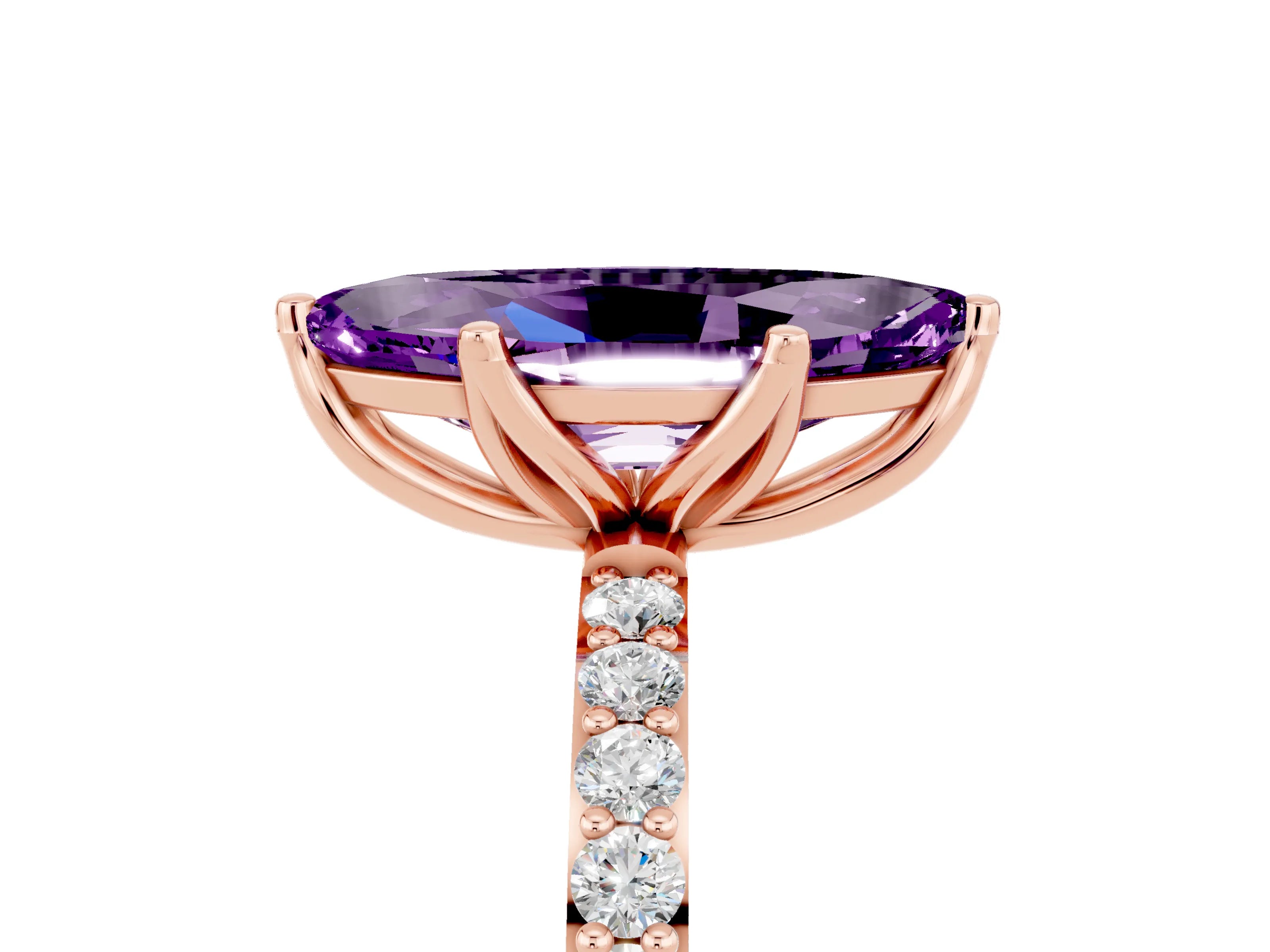 Rose gold Marquise Cut Amethyst Solitaire Engagement Ring with Pavé Band and Prong Setting_5