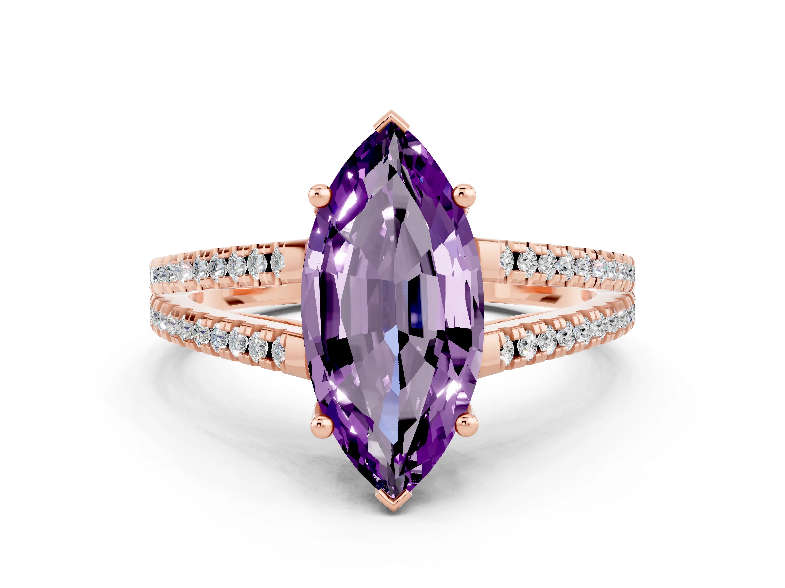 Rose gold Marquise Cut Amethyst Solitaire Engagement Ring with Split Shank Pavé Band
