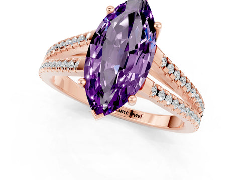 Rose gold Marquise Cut Amethyst Solitaire Engagement Ring with Split Shank Pavé Band_1