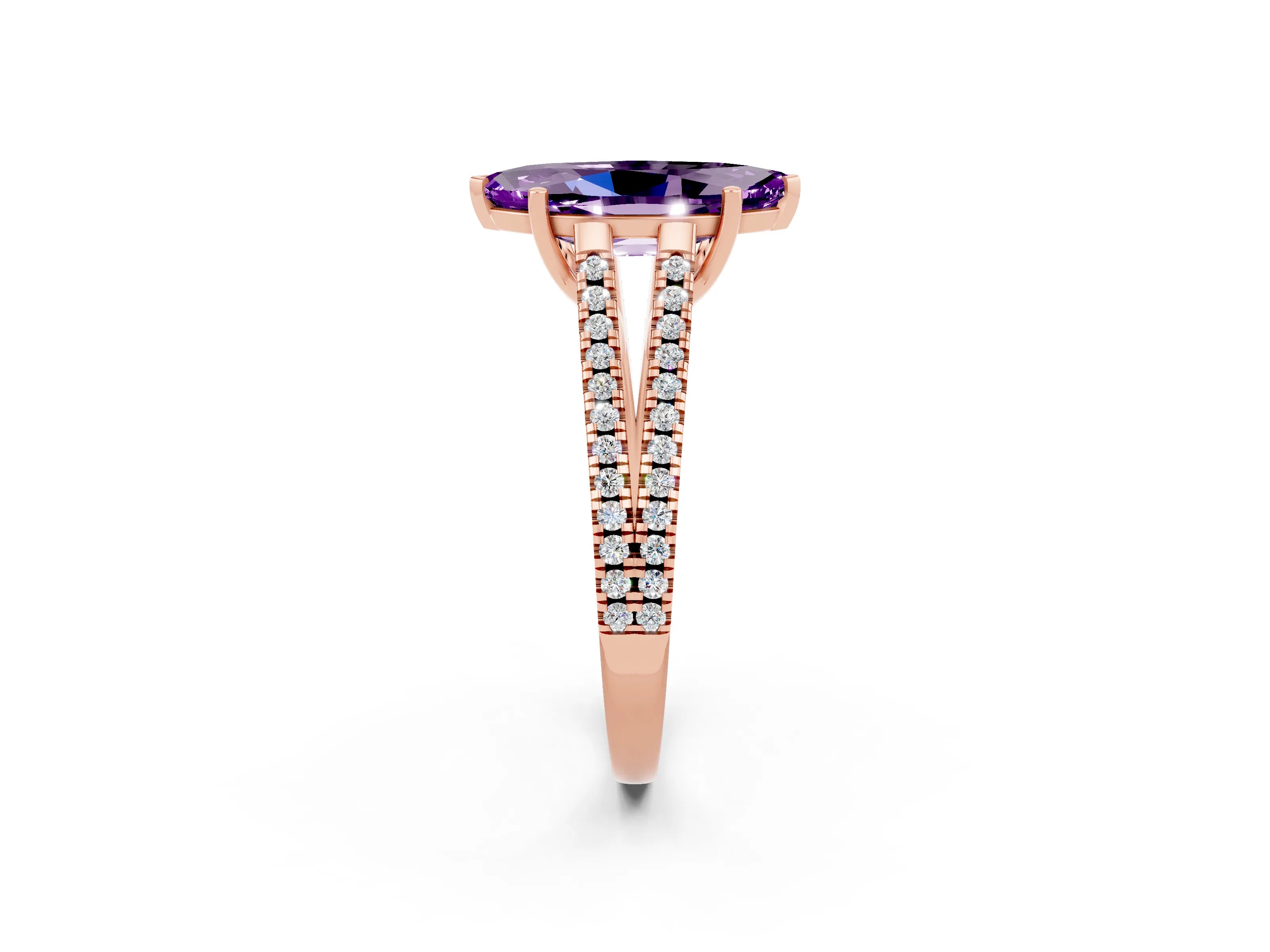 Rose gold Marquise Cut Amethyst Solitaire Engagement Ring with Split Shank Pavé Band_2