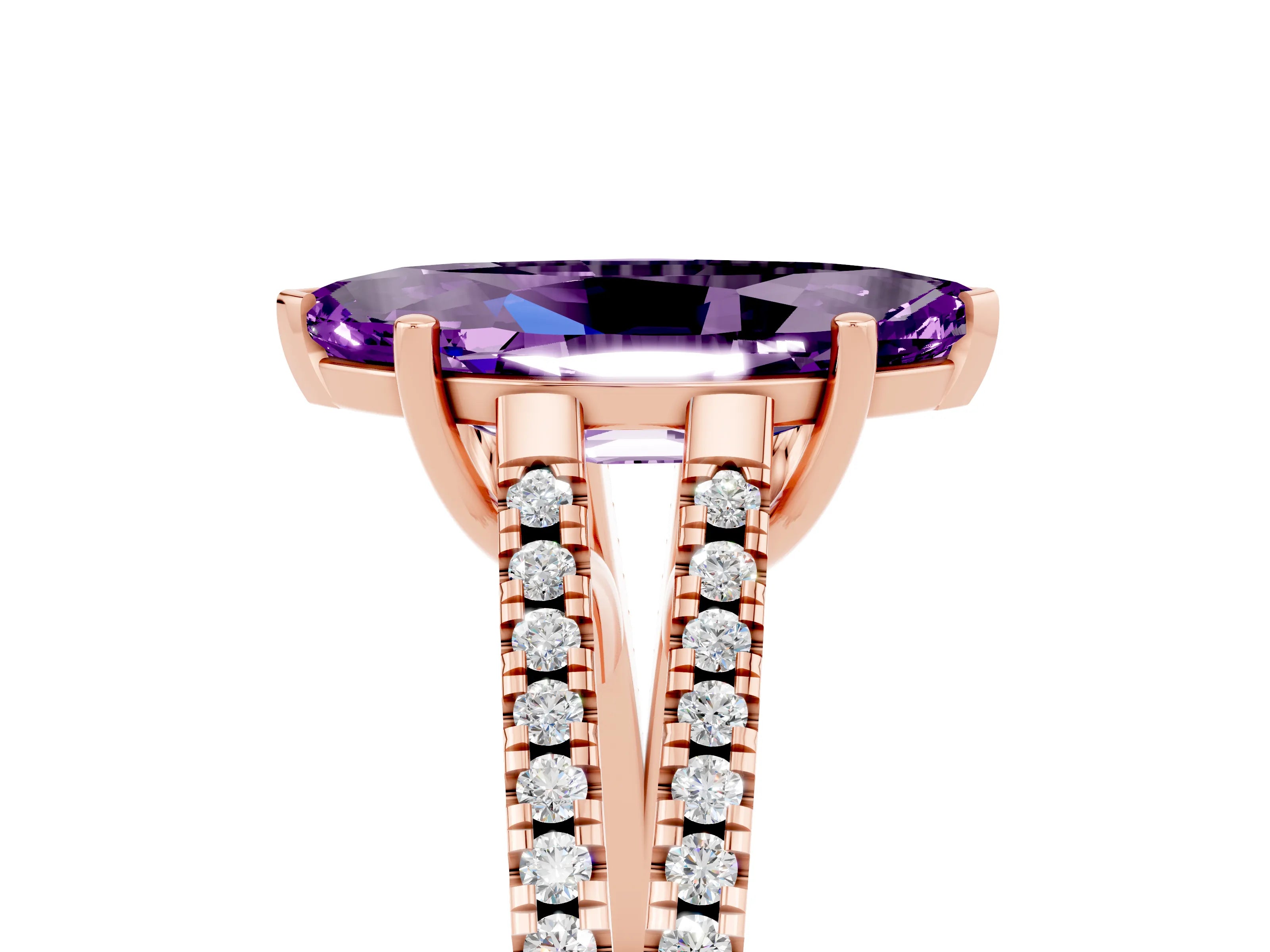 Rose gold Marquise Cut Amethyst Solitaire Engagement Ring with Split Shank Pavé Band_5