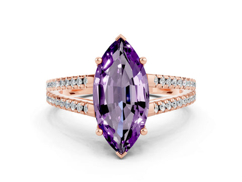 Rose gold Marquise Cut Amethyst Solitaire Engagement Ring with Split Shank Pavé Band