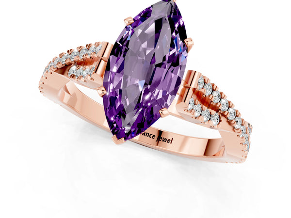 Rose gold Marquise Cut Amethyst Solitaire Engagement Ring with Twisted Pavé Band and Four-Prong Setting