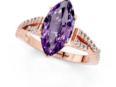 Rose gold Marquise Cut Amethyst Solitaire Engagement Ring with Twisted Pavé Band and Four-Prong Setting_1