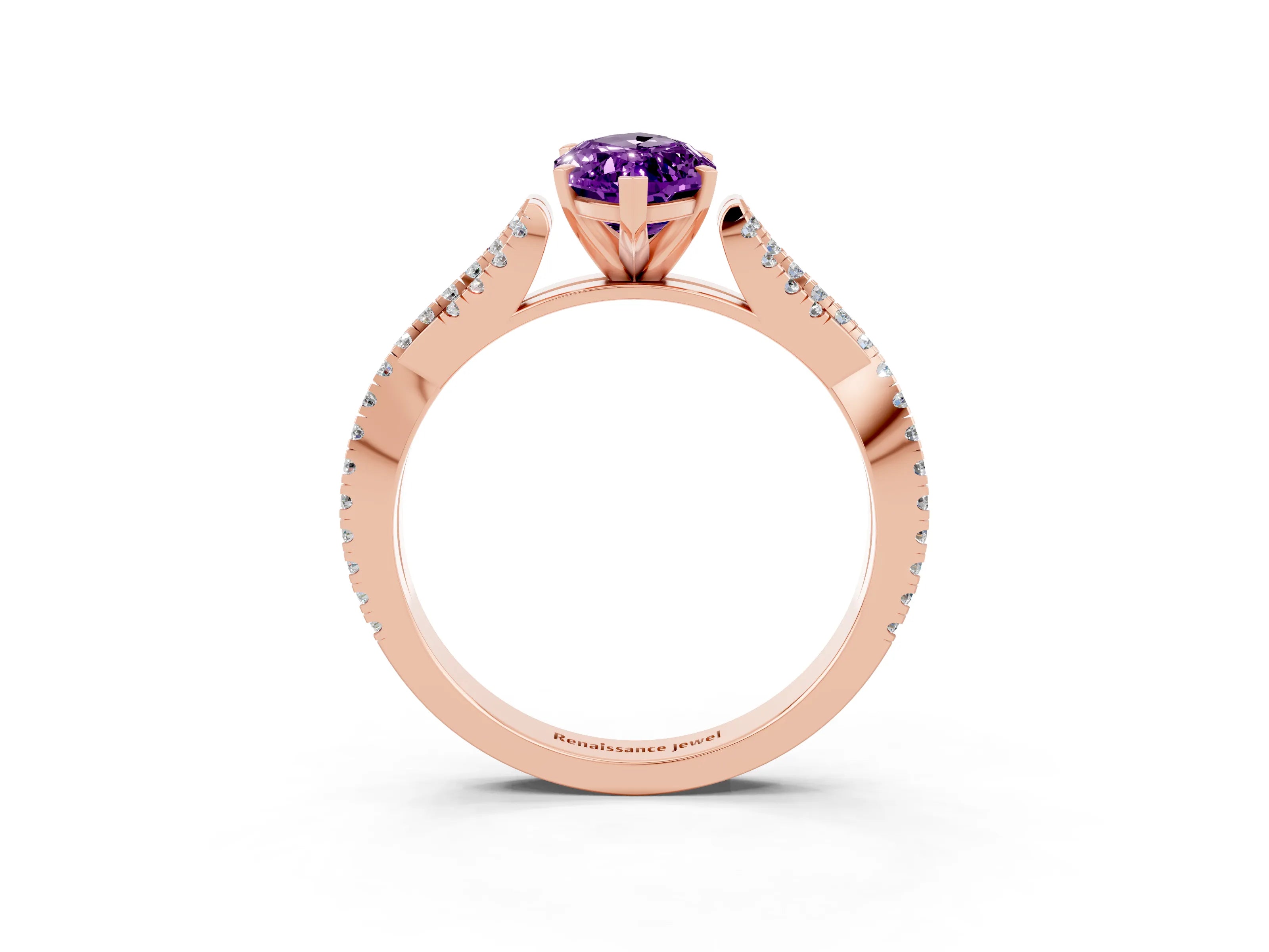 Rose gold Marquise Cut Amethyst Solitaire Engagement Ring with Twisted Pavé Band and Four-Prong Setting_3
