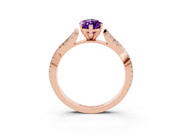 Rose gold Marquise Cut Amethyst Solitaire Engagement Ring with Twisted Pavé Band and Four-Prong Setting