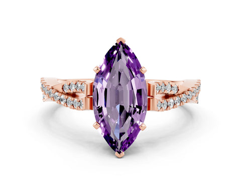 Rose gold Marquise Cut Amethyst Solitaire Engagement Ring with Twisted Pavé Band and Four-Prong Setting