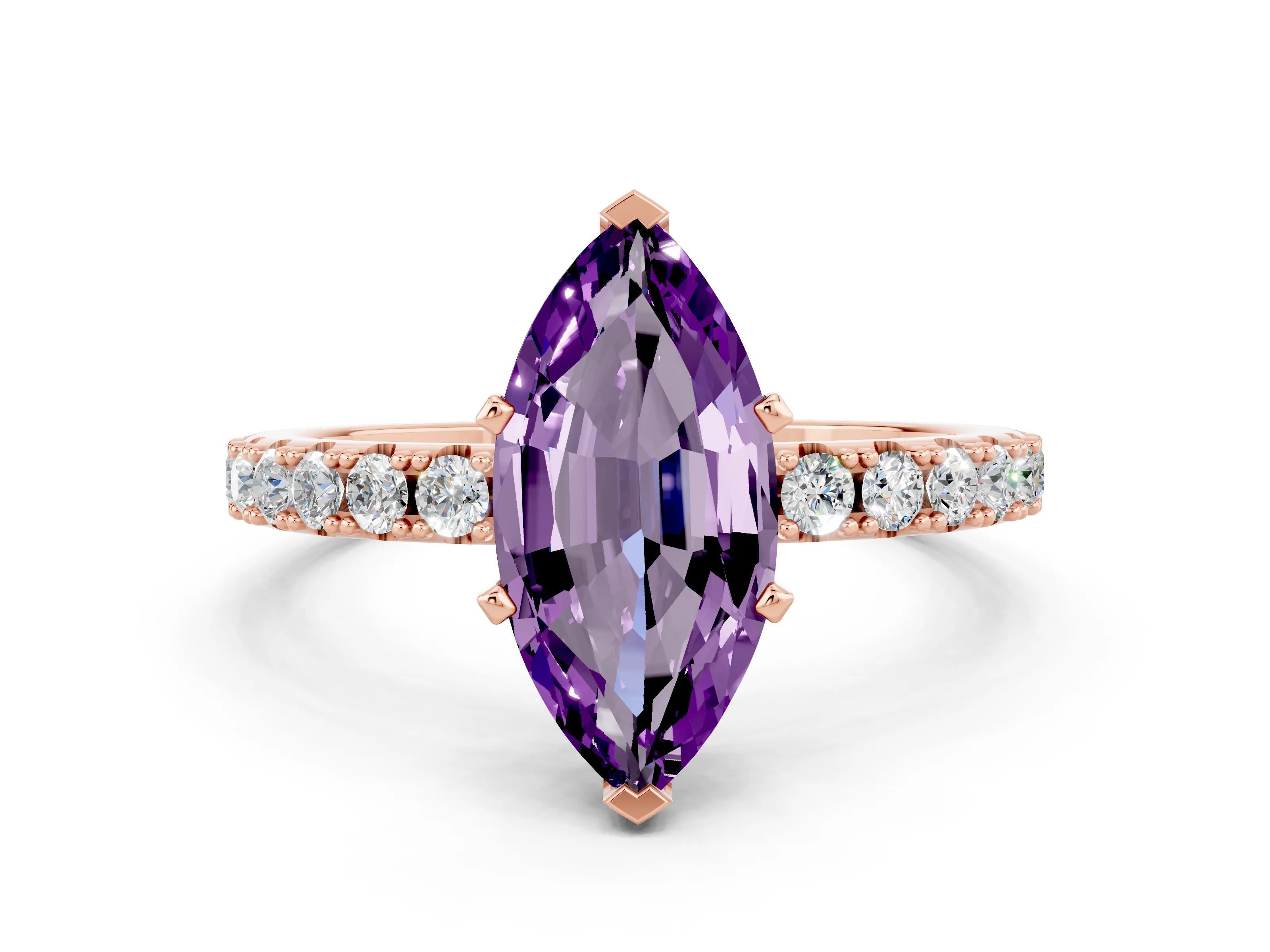 Rose gold Marquise Cut Amethyst Solitaire Pavé Band with Four-Prong Setting