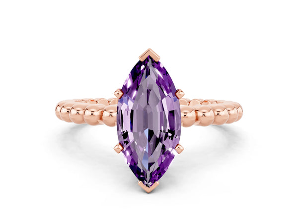 Rose gold Marquise Cut Amethyst Solitaire Ring with Beaded Band and Prong Setting