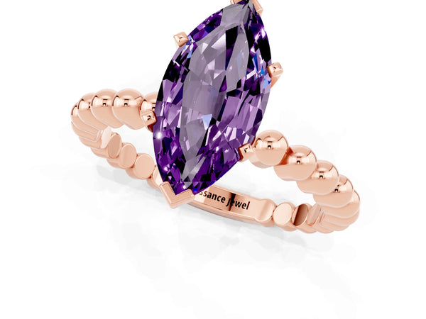 Rose gold Marquise Cut Amethyst Solitaire Ring with Beaded Band and Prong Setting
