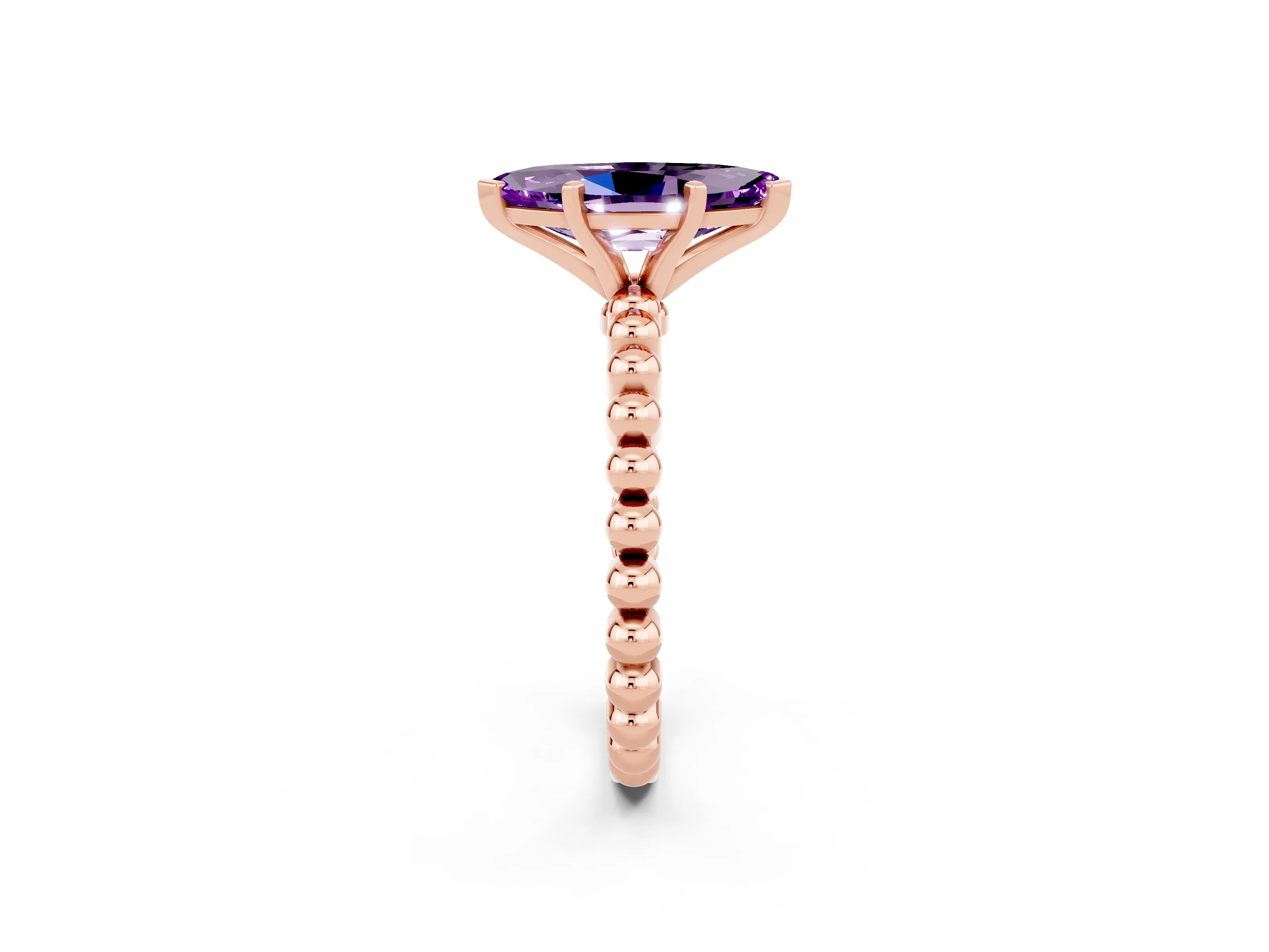 Rose gold Marquise Cut Amethyst Solitaire Ring with Beaded Band and Prong Setting_2