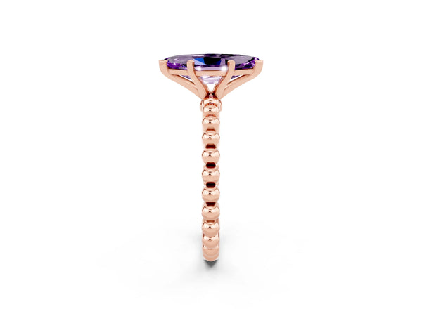 Rose gold Marquise Cut Amethyst Solitaire Ring with Beaded Band and Prong Setting