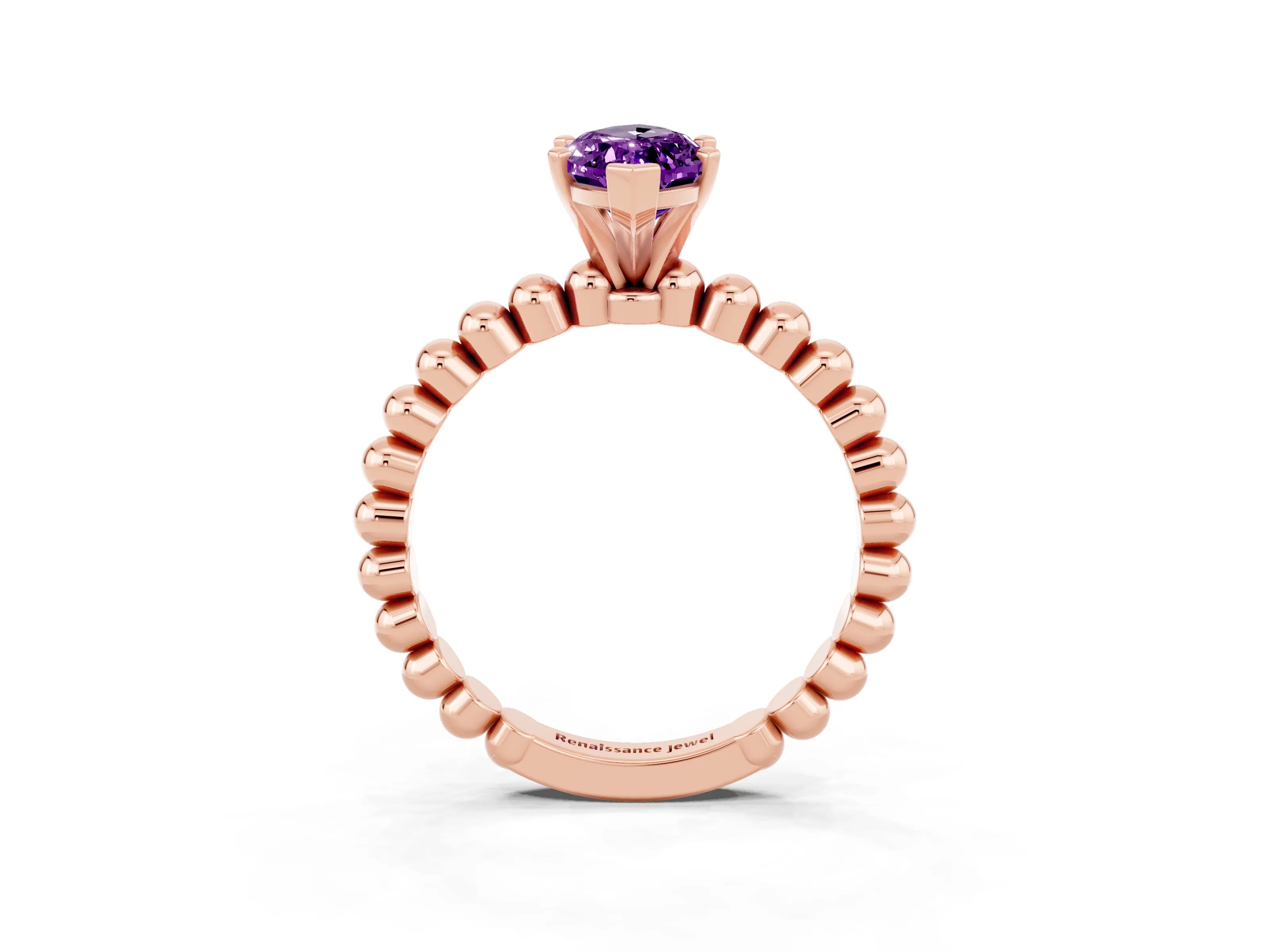 Rose gold Marquise Cut Amethyst Solitaire Ring with Beaded Band and Prong Setting_3