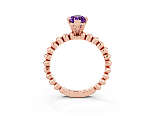 Rose gold Marquise Cut Amethyst Solitaire Ring with Beaded Band and Prong Setting