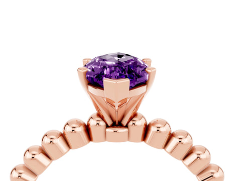 Rose gold Marquise Cut Amethyst Solitaire Ring with Beaded Band and Prong Setting_4