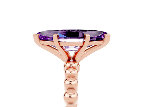 Rose gold Marquise Cut Amethyst Solitaire Ring with Beaded Band and Prong Setting_5