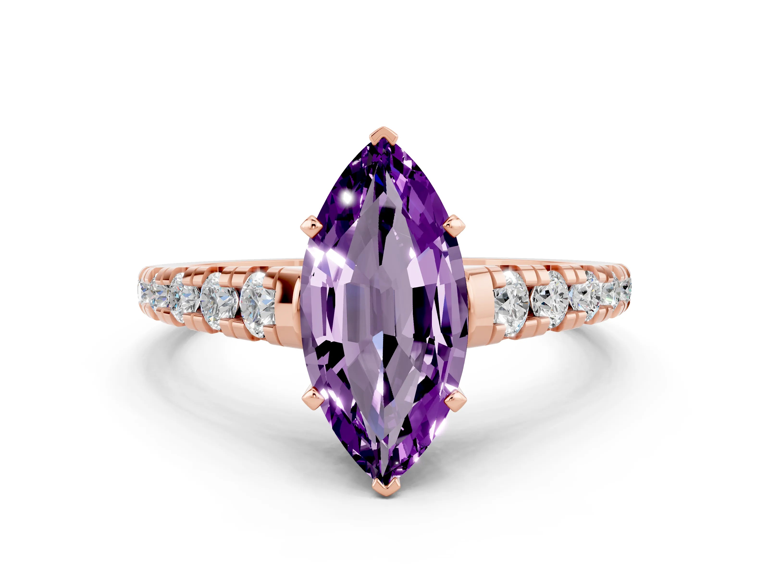 Rose gold Marquise Cut Amethyst Solitaire Ring with Cathedral Setting and Pavé Band