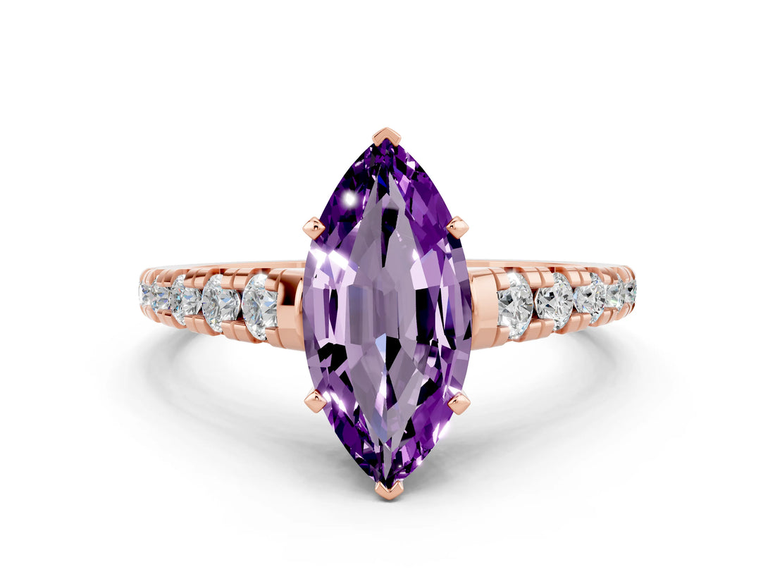 Rose gold Marquise Cut Amethyst Solitaire Ring with Cathedral Setting and Pavé Band