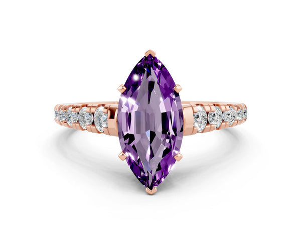 Rose gold Marquise Cut Amethyst Cathedral Solitaire Ring with Round  Pavé Band