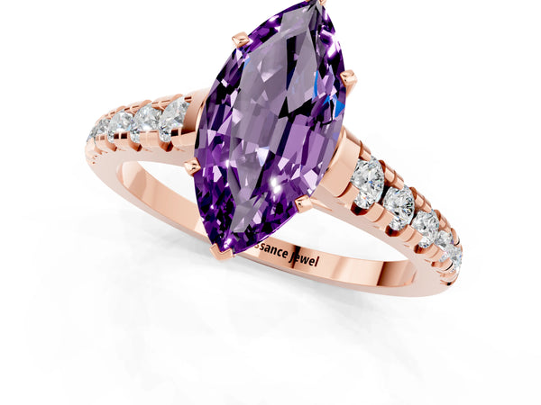 Rose gold Marquise Cut Amethyst Cathedral Solitaire Ring with Round  Pavé Band