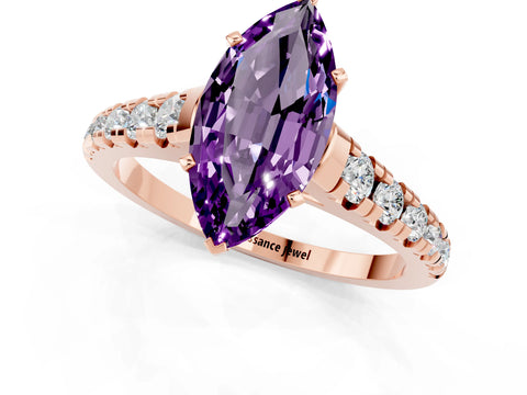Rose gold Marquise Cut Amethyst Solitaire Ring with Cathedral Setting and Pavé Band_1