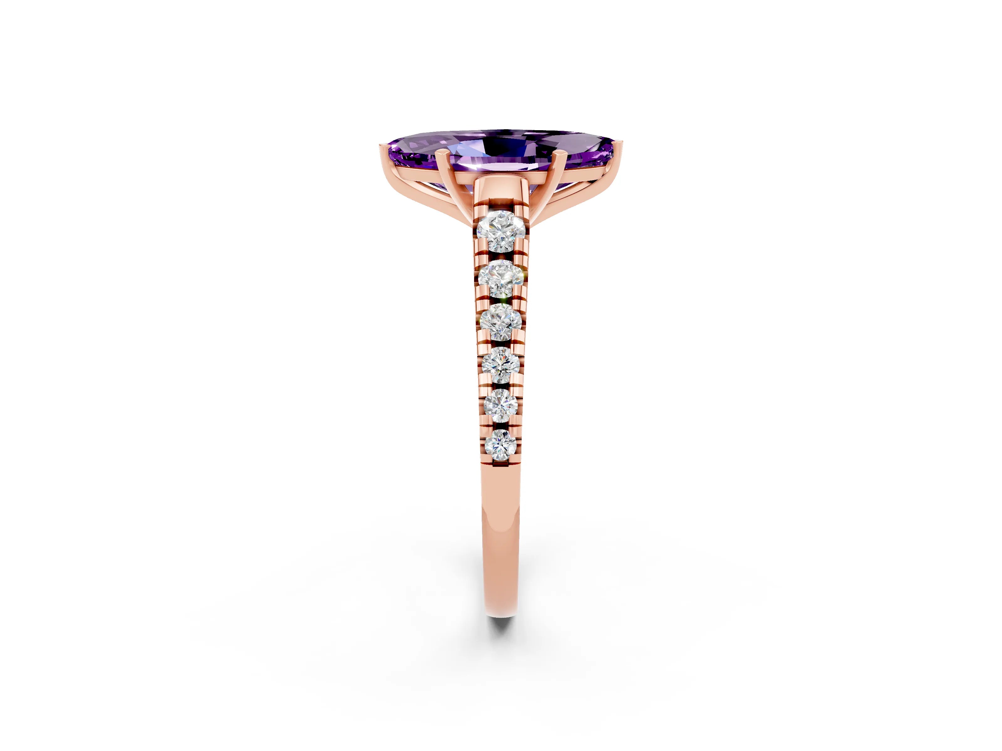 Rose gold Marquise Cut Amethyst Solitaire Ring with Cathedral Setting and Pavé Band_2