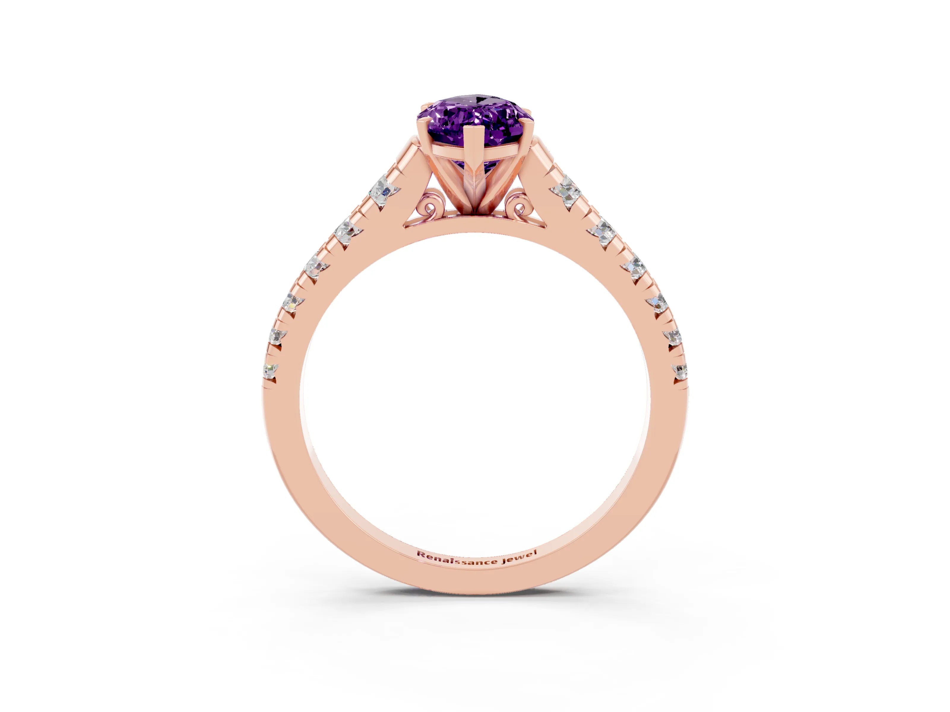 Rose gold Marquise Cut Amethyst Solitaire Ring with Cathedral Setting and Pavé Band_3