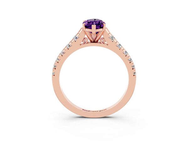Rose gold Marquise Cut Amethyst Cathedral Solitaire Ring with Round  Pavé Band
