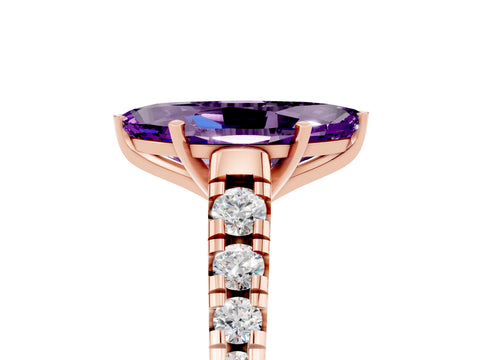 Rose gold Marquise Cut Amethyst Solitaire Ring with Cathedral Setting and Pavé Band_5