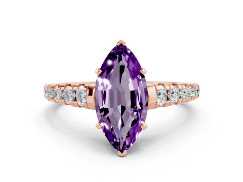 Rose gold Marquise Cut Amethyst Solitaire Ring with Cathedral Setting and Pavé Band