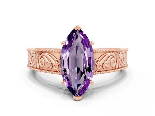 Rose gold Marquise Cut Amethyst Solitaire Ring with Engraved Band and Four-Prong Setting