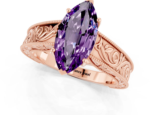 Rose gold Marquise Cut Amethyst Solitaire Ring with Engraved Band and Four-Prong Setting