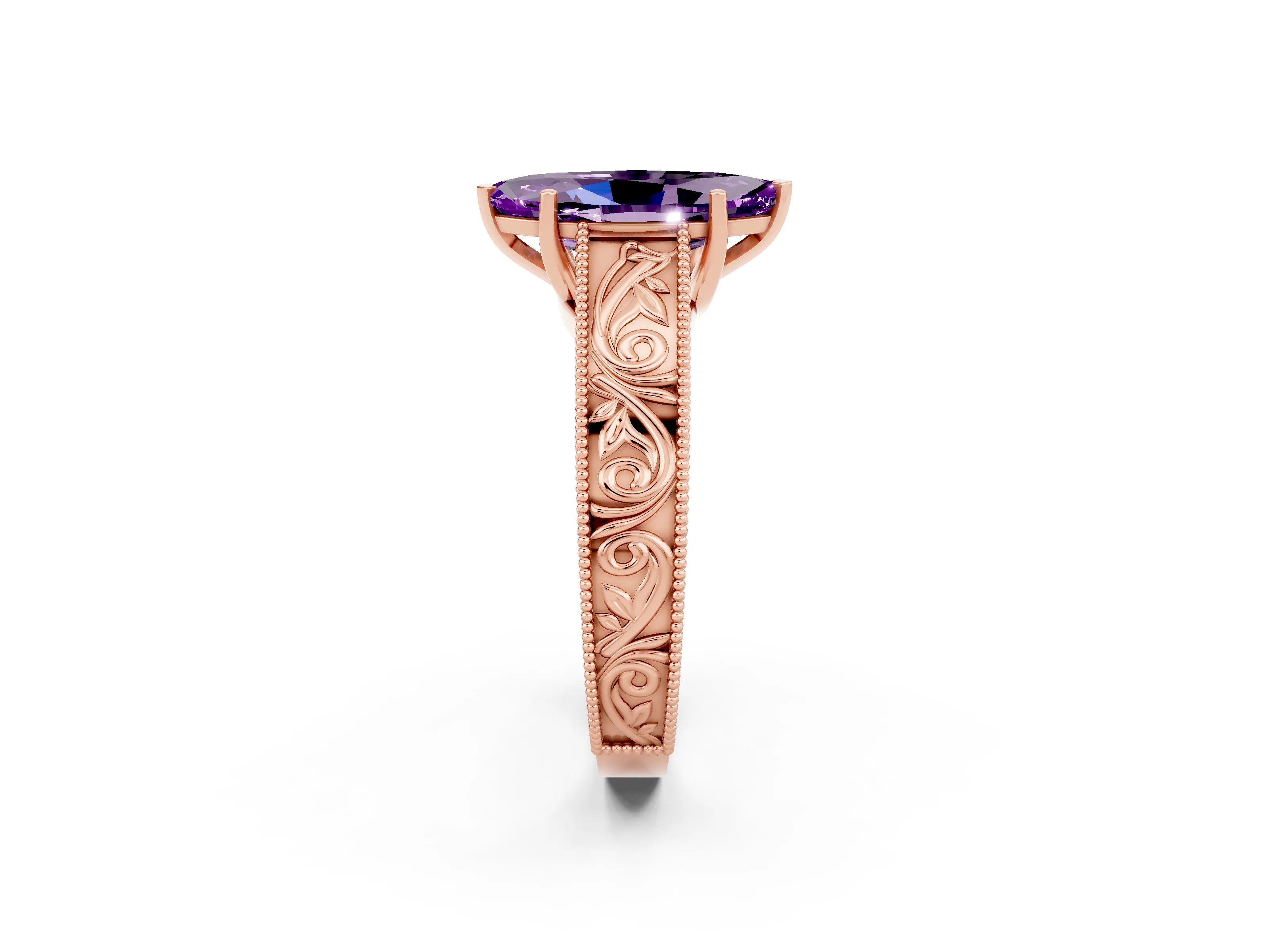Rose gold Marquise Cut Amethyst Solitaire Ring with Engraved Band and Four-Prong Setting_2