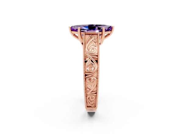 Rose gold Marquise Cut Amethyst Solitaire Ring with Engraved Band and Four-Prong Setting