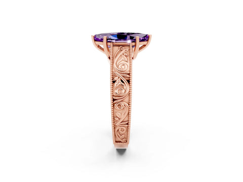 Rose gold Marquise Cut Amethyst Solitaire Ring with Engraved Band and Four-Prong Setting_2