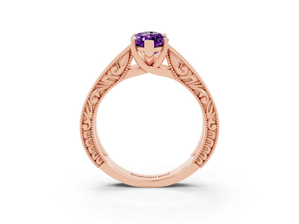 Rose gold Marquise Cut Amethyst Solitaire Ring with Engraved Band and Four-Prong Setting