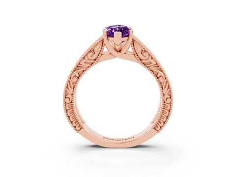 Rose gold Marquise Cut Amethyst Solitaire Ring with Engraved Band and Four-Prong Setting_3