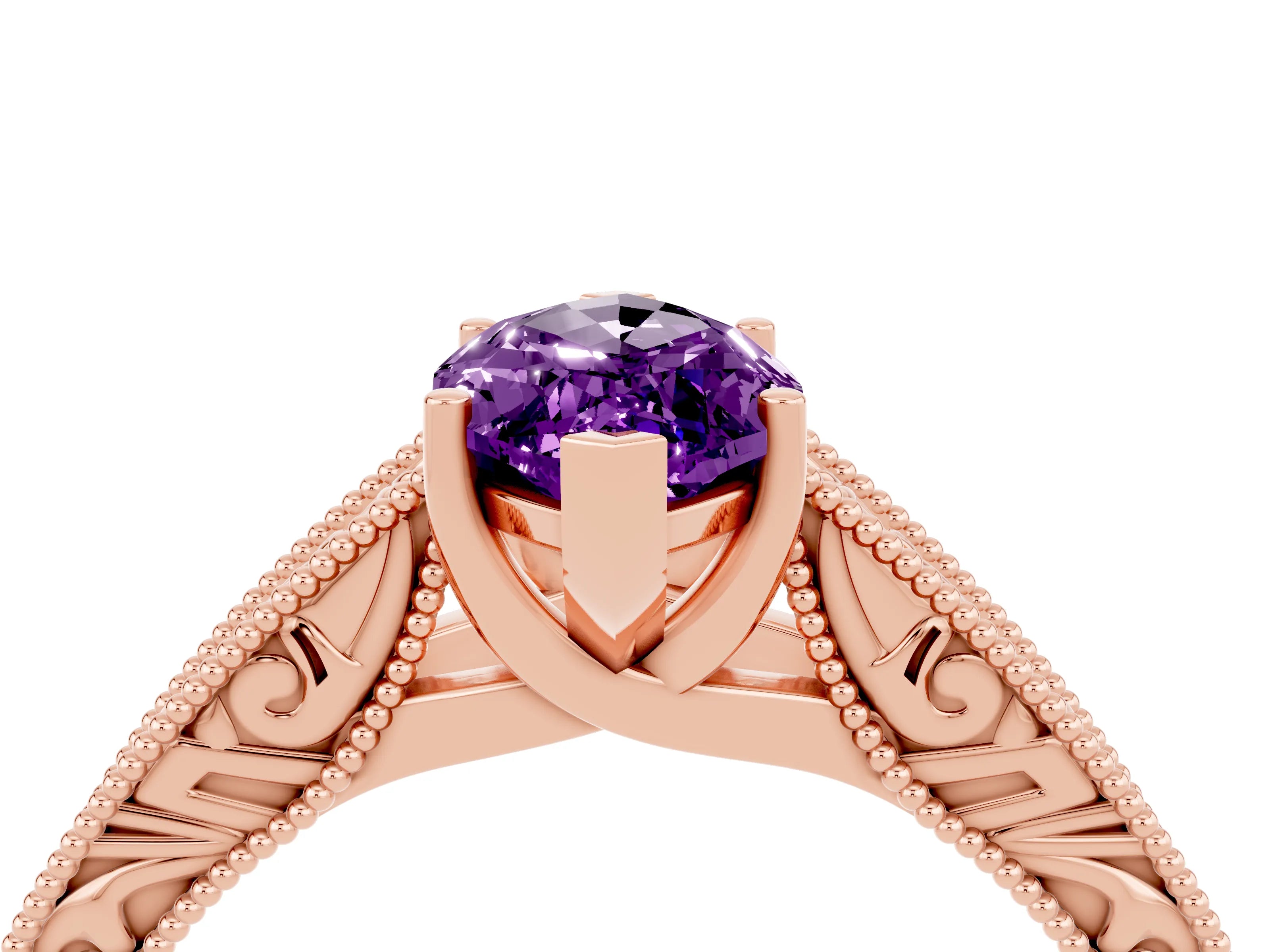Rose gold Marquise Cut Amethyst Solitaire Ring with Engraved Band and Four-Prong Setting_4