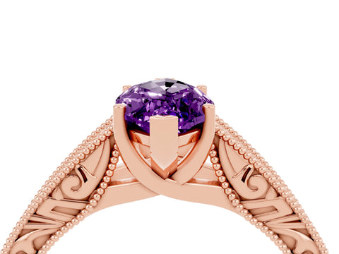 Rose gold Marquise Cut Amethyst Solitaire Ring with Engraved Band and Four-Prong Setting_4