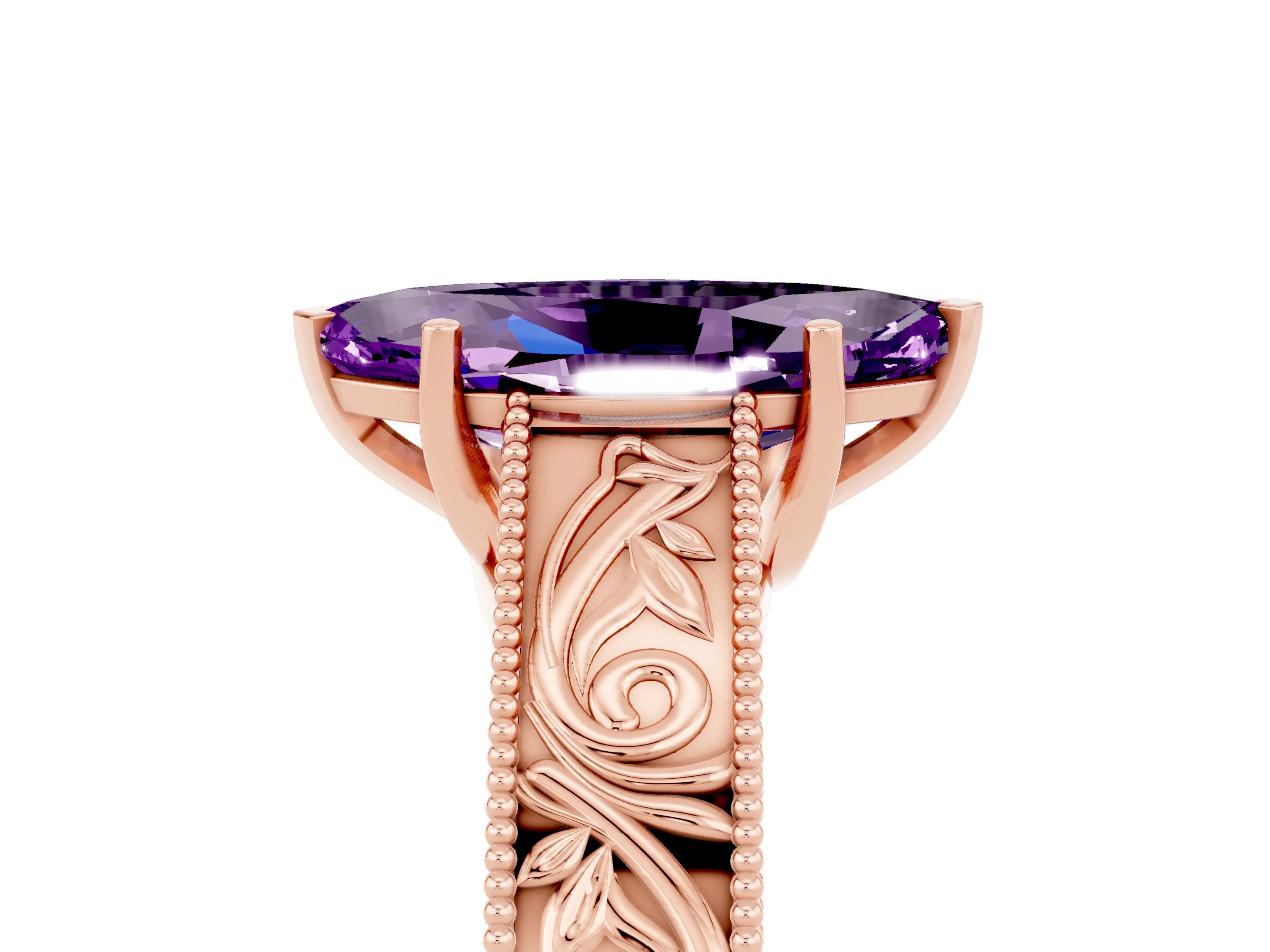 Rose gold Marquise Cut Amethyst Solitaire Ring with Engraved Band and Four-Prong Setting_5
