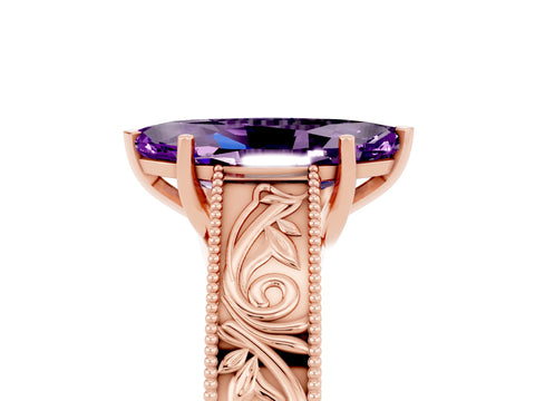 Rose gold Marquise Cut Amethyst Solitaire Ring with Engraved Band and Four-Prong Setting_5
