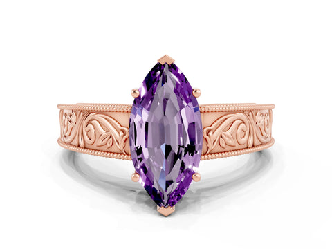 Rose gold Marquise Cut Amethyst Solitaire Ring with Engraved Band and Four-Prong Setting