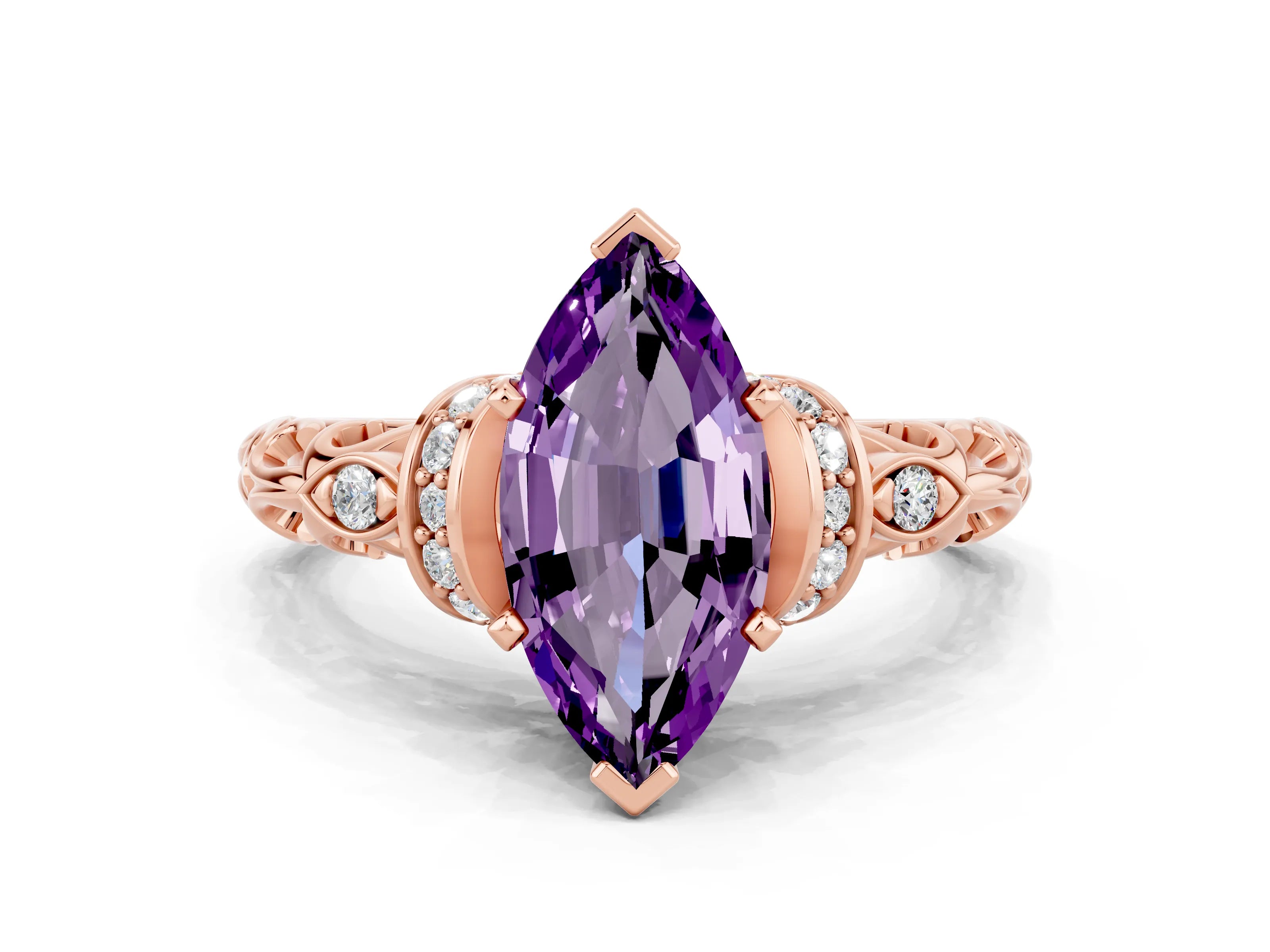 Rose gold Marquise Cut Amethyst Solitaire Ring with Filigree Band and Four-Prong Setting_24