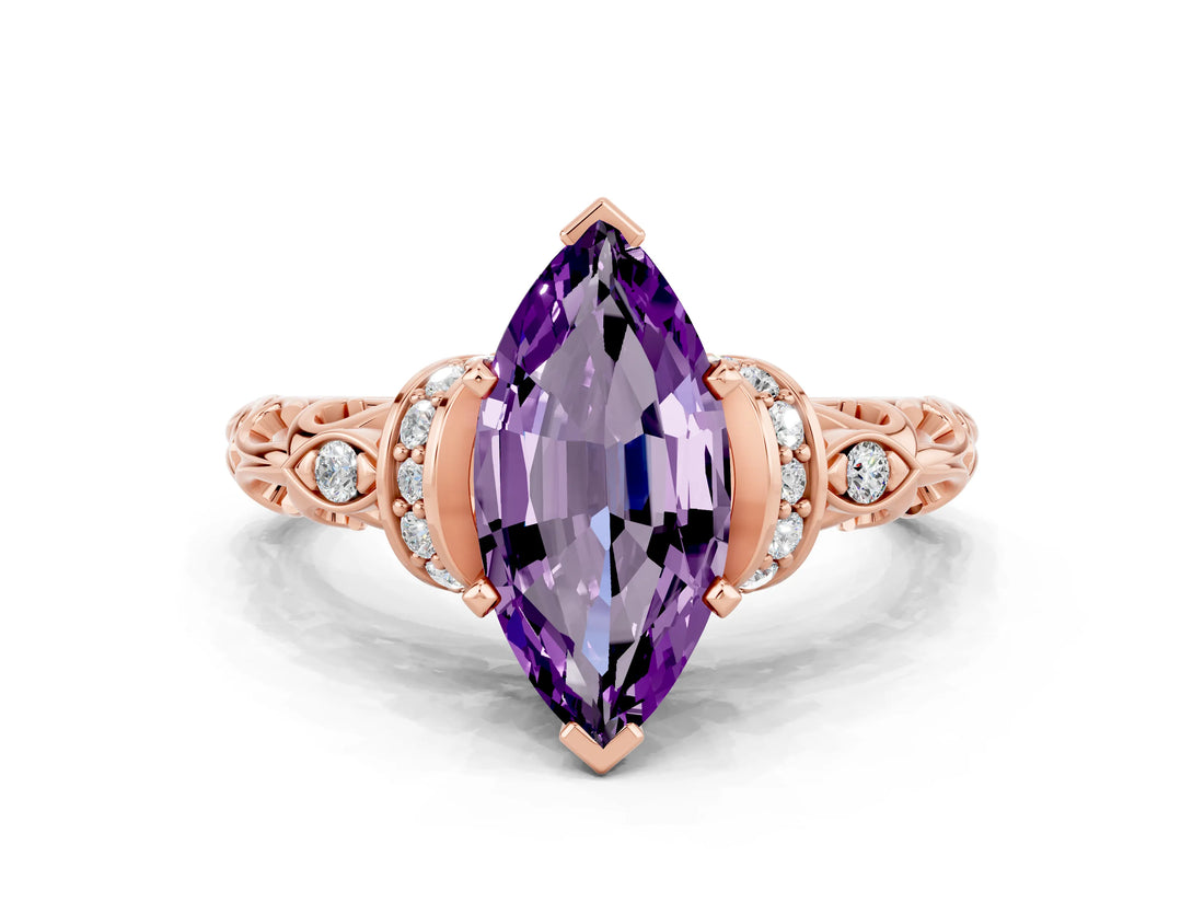Rose gold Marquise Cut Amethyst Solitaire Ring with Filigree Band and Four-Prong Setting_24