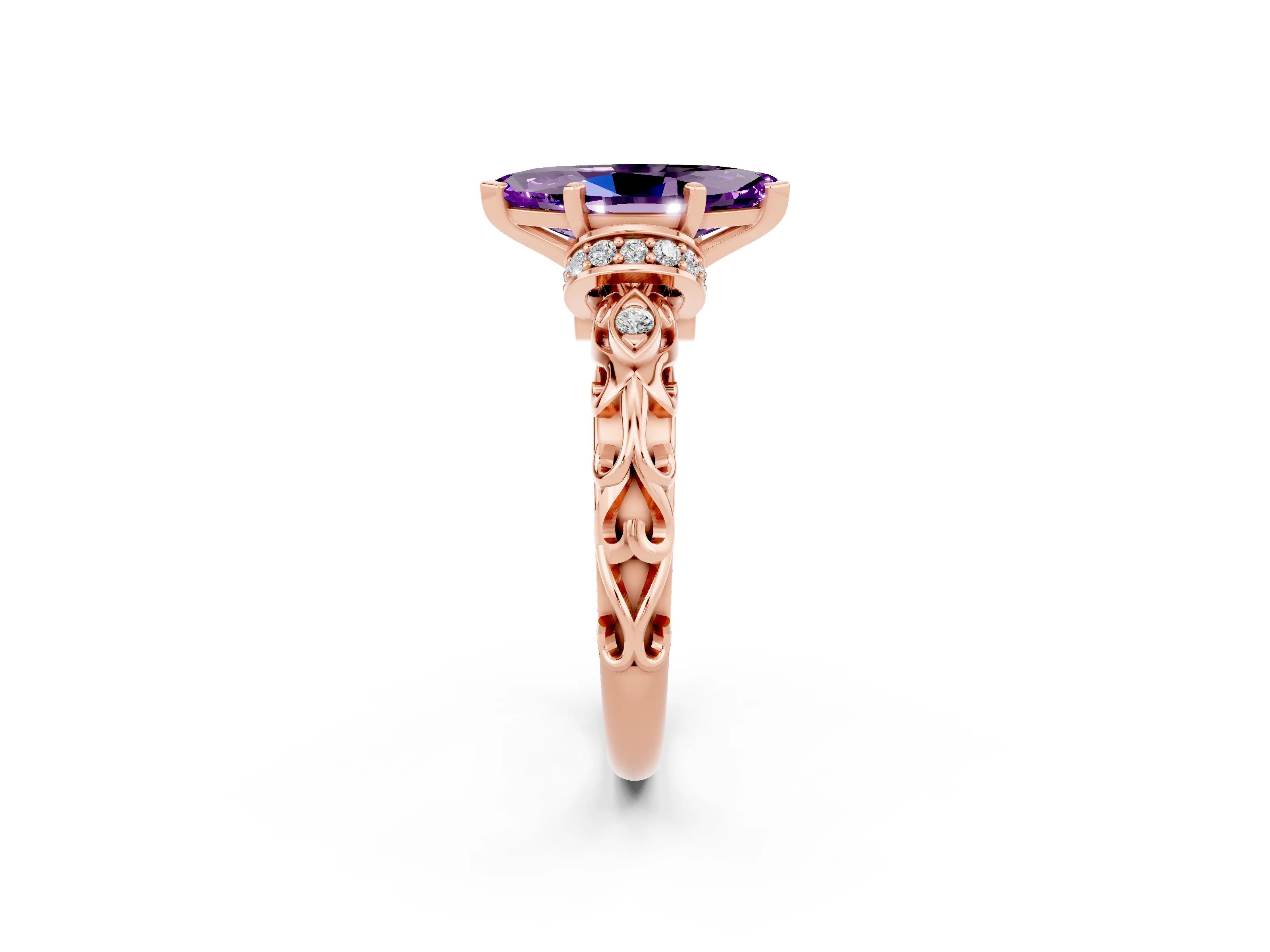 Rose gold Marquise Cut Amethyst Solitaire Ring with Filigree Band and Four-Prong Setting_26