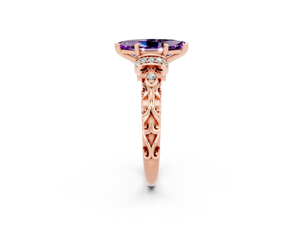 Rose gold Marquise Cut Amethyst Solitaire Ring with Filigree Band and Four-Prong Setting